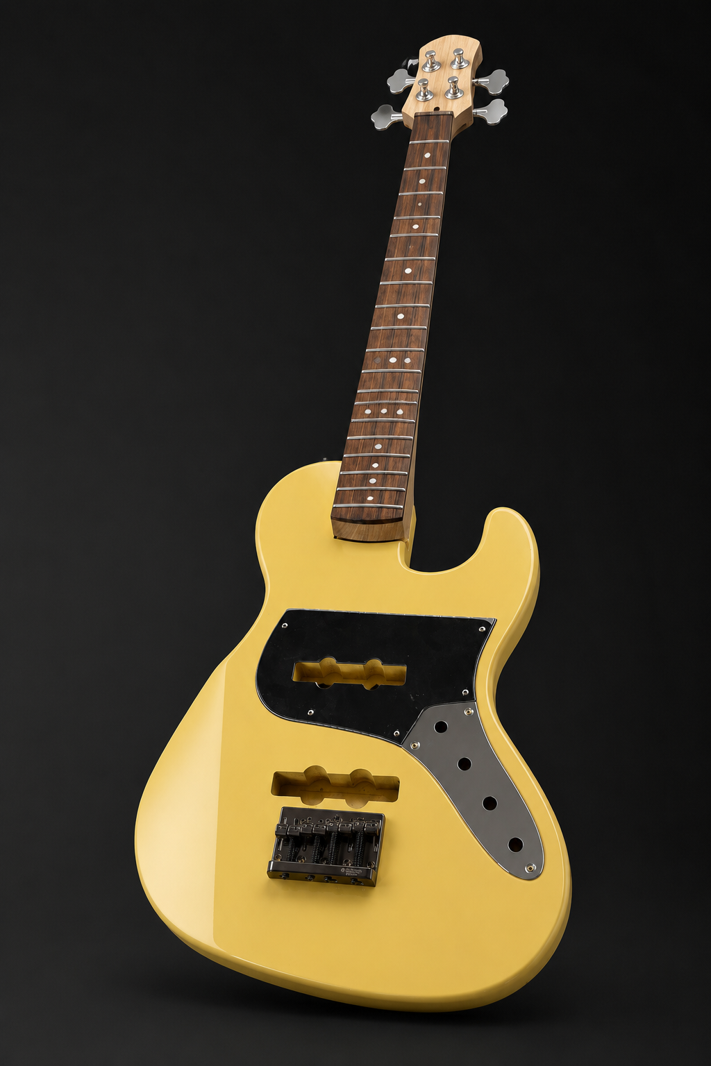 Nova Basses NB-46007, bajo amarillo artesanal mostrado en un render de estudio